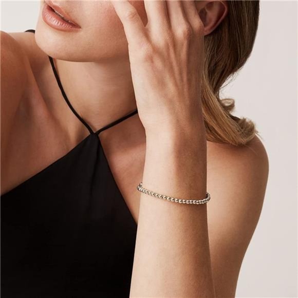14K Gold Plated Bead Chain Adjustable Bracelet for Women White Gold Plated - Picture 4 of 5